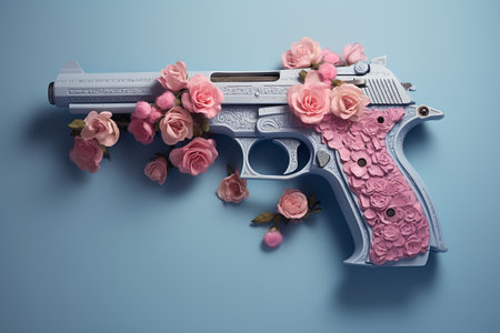 pink gun with flowers on blue background, vintage toned pictureの素材