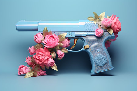Pistol with flowers on a blue background. 3d illustration.の素材
