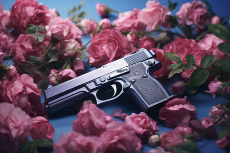 Pistol with roses on a blue background. selective focus.の素材