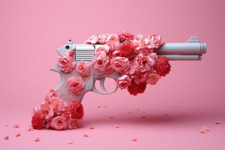 3d render of gun with pink roses bouquet on pink backgroundの素材