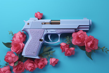 pistol with roses on blue background. 3d illustration.の素材