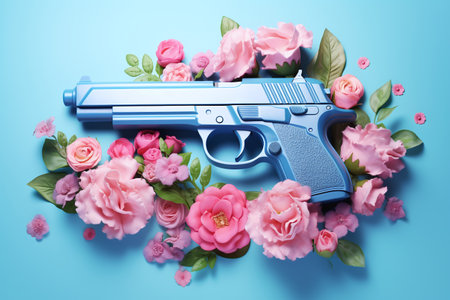 Gun with flowers on blue background, top view. Floral arrangementの素材