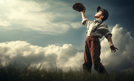Boy playing baseball in the meadow with cloudy sky background, vintage toneの素材