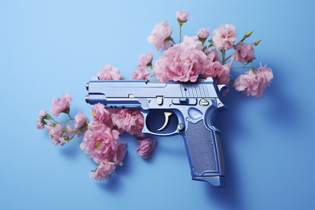 Blue gun with pink flowers on blue background. Flat lay, top viewの素材