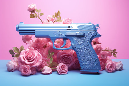 Blue gun with roses on a blue background. 3d rendering.の素材