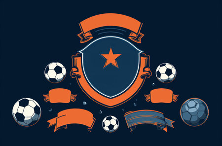 Soccer emblem with ribbons and soccer balls. Vector illustration.の素材