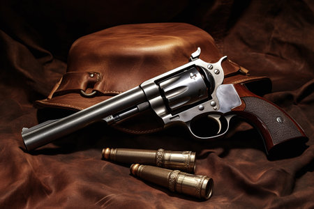 Revolver gun and ammunition on a brown background. selective focus.の素材