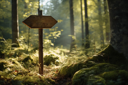 Wooden signpost in the forest with green moss on the groundの素材