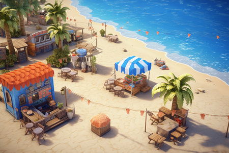 Tropical beach with palm trees and umbrellas. 3d renderの素材