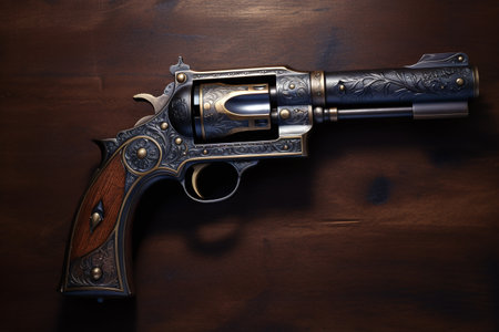 Revolver gun on a wooden background. Close-up shot.の素材