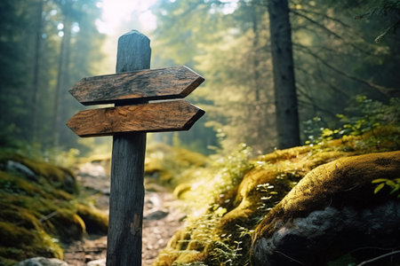 Wooden signpost in the forest. Travel and hiking concept.の素材