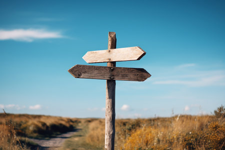 Blank wooden signpost in the field with blue sky background.の素材