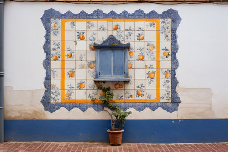 Ceramic tiles on the wall of a house in the old town of Olhao, Portugalの素材