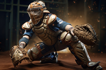 Baseball player in action on a dark background. 3d rendering.の素材