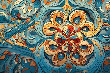 Abstract hand-drawn pattern, waves and curls. Colorful background.の素材