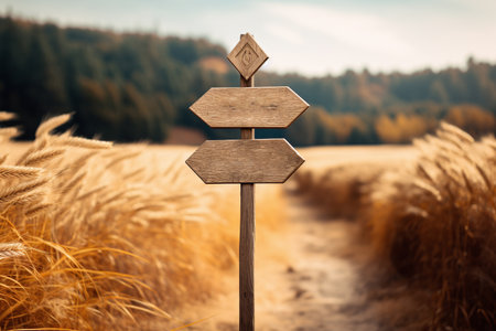 Wooden signpost on the road in the wheat field. Concept image.の素材