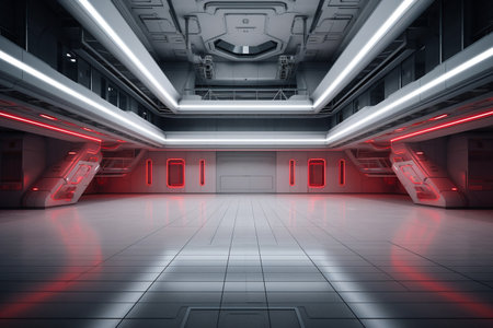 Futuristic interior with glowing red lights. 3D Renderingの素材