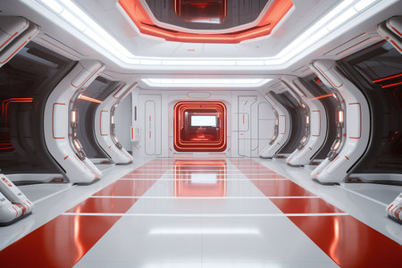 Spaceship interior with red and white walls. 3d renderingの素材