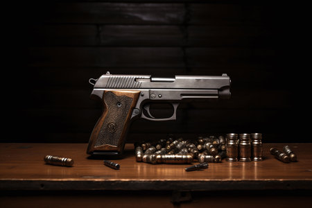 Gun and bullets on a wooden table. dark background. selective focus.の素材