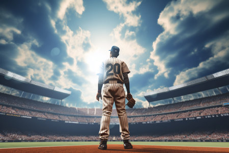 Baseball player on the field against composite image of stadium with cloudy skyの素材