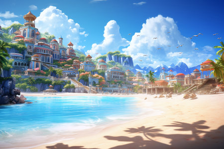 Tropical island with palm trees and blue sky. Summer holidays concept.の素材