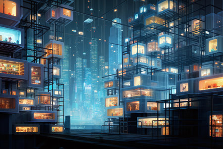 Modern cityscape at night. 3d rendering toned image double exposureの素材