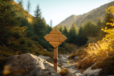 Wooden signpost in the mountains. Concept of hiking and traveling.の素材