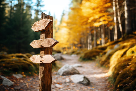 Wooden signpost in the autumn forest. Nature background with copy space.の素材