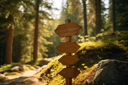 Wooden signpost in the forest. Concept of hiking and camping.の素材