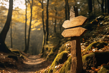 Wooden signpost in the autumn forest. Travel and tourism concept.の素材