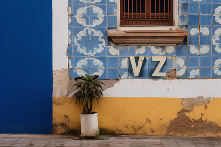 Blue and yellow wall of a typical house in Trinidad, Cuba.の素材