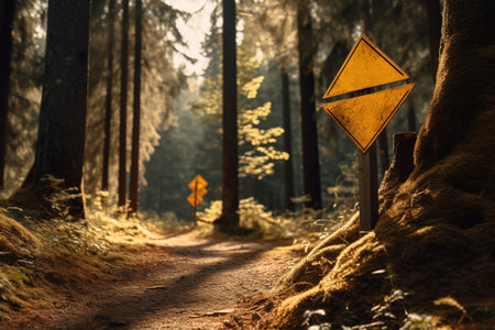 Trail in the forest with warning signs. Concept of danger.の素材