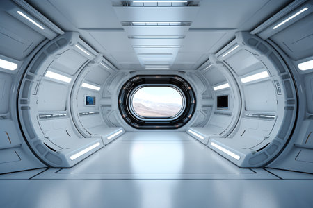 Spaceship interior view with window view. 3d rendering.の素材