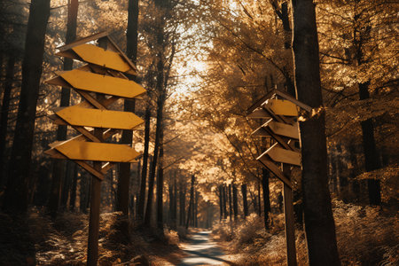 Wooden signpost in the autumn forest. 3d illustration.の素材