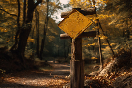 Wooden signpost in autumn forest with yellow leaves. selective focus.の素材