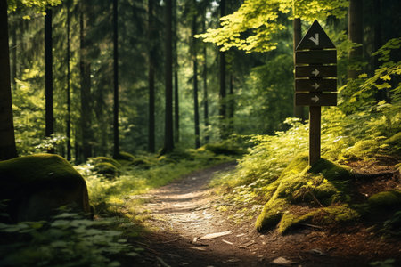 Wooden signpost in the forest with green leaves on the groundの素材