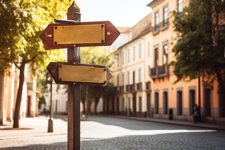 Blank wooden signpost on old town street in Prague, Czech Republicの素材