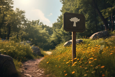 Wooden sign with a keyhole in a meadow with yellow flowersの素材
