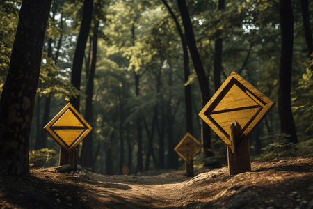 Wooden direction signs in the forest. Concept image. 3d renderingの素材