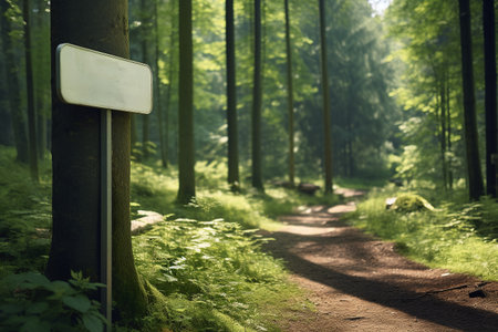 Trail in the forest with a blank signboard for your textの素材