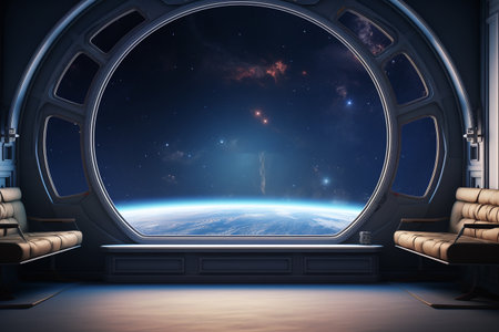 Spaceship interior with window view on the planet Earth. 3D renderingの素材