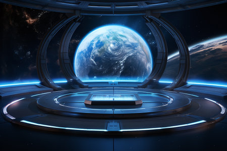 3D rendering of futuristic space station with blue planet in the backgroundの素材