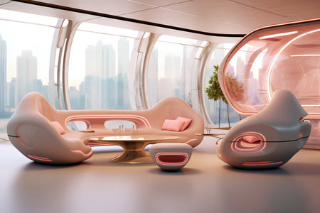 3D rendering of a modern lounge chair in a futuristic interior.の素材