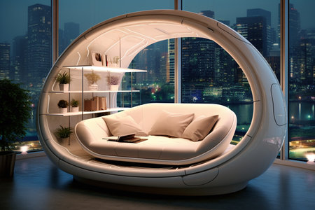 Modern living room interior design with sofa, bookshelf and city view. 3D Renderingの素材