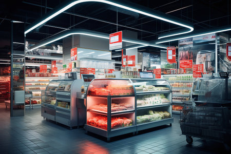 Supermarket interior with shelves full of food products. 3d renderingの素材