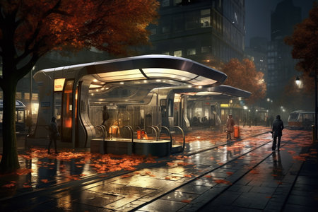 Modern tram on a street in the city at night. 3D renderingの素材