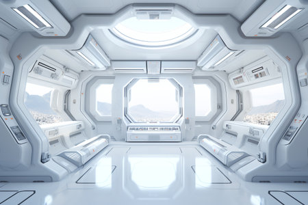 Spaceship interior with view on mountains and blue sky 3D renderingの素材
