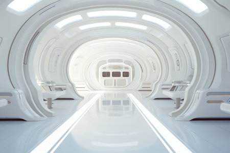 3d rendering. Futuristic interior of spaceship with white walls and ceilingの素材
