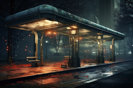 Bus stop in a foggy city at night. 3D renderingの素材
