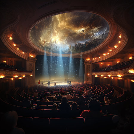 Cinema auditorium with lighting and people silhouettes. 3D renderingの素材